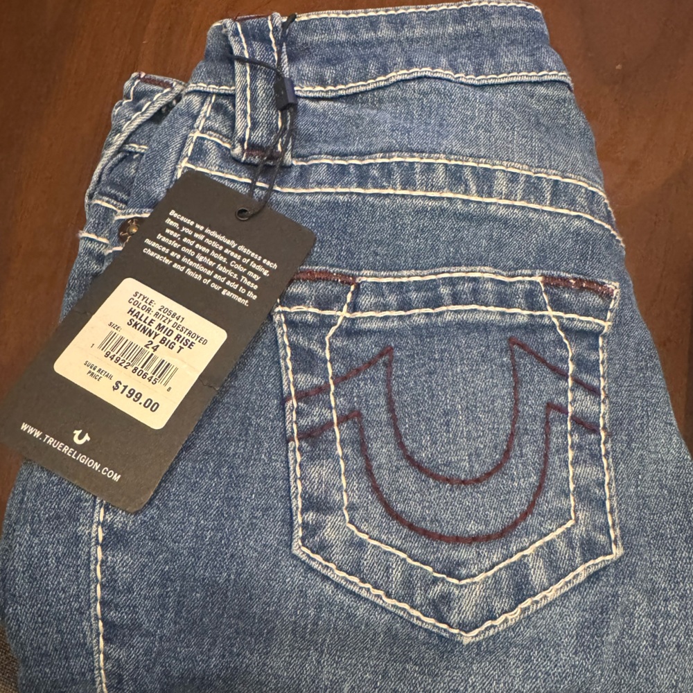 (With tag, never worn) True Religion Blue Denim Jeans with Red Accents